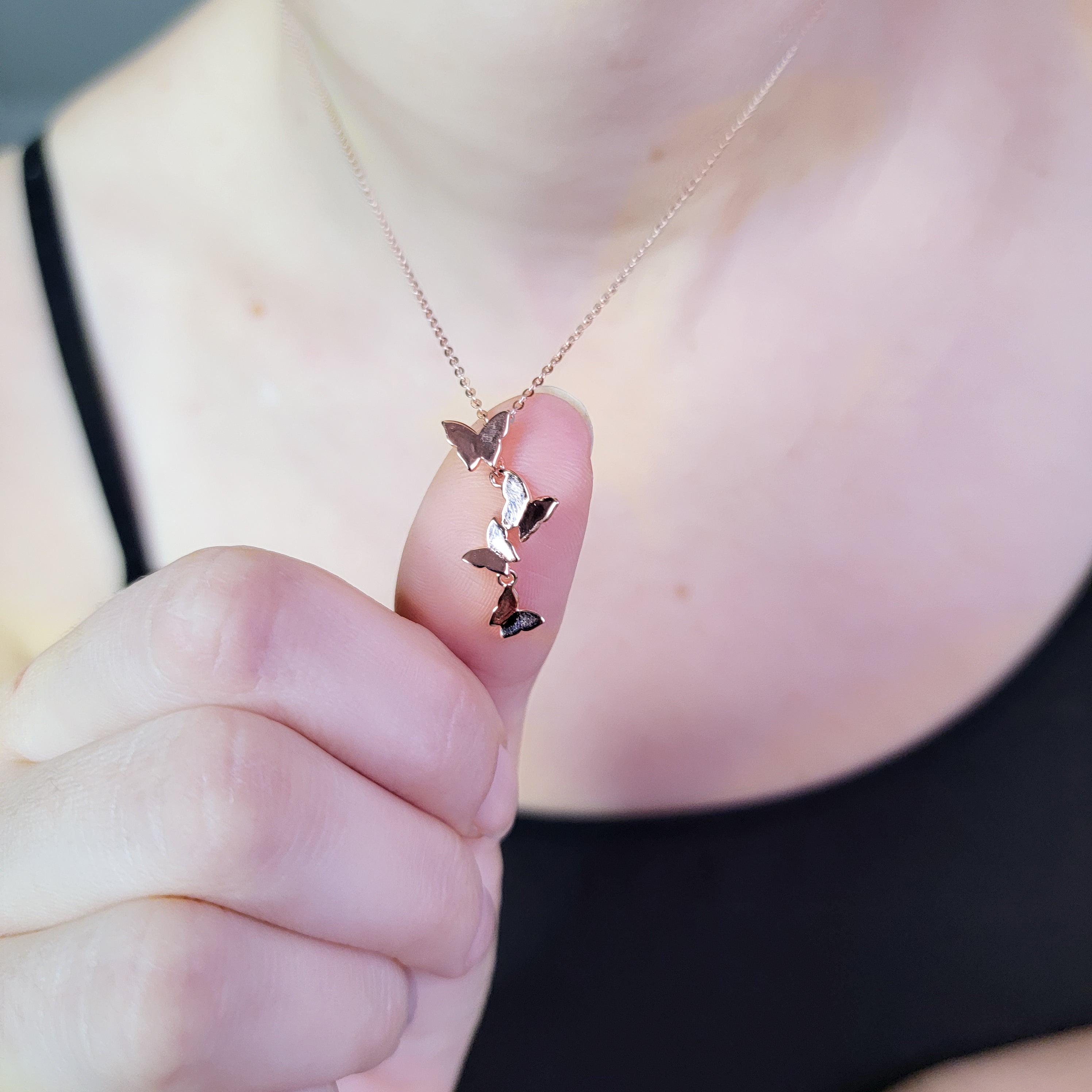 Add elegance and grace to your looks with this charming symbol of new life, letting go of old cycles and finding your true inner expression. Crafted in 925 Sterling Silver and dipped in Rose Gold, this delicate necklace features a group of four graceful butterflies. It’s the perfect gift to yourself or somebody special. Material: Rose Gold plating over 925 Sterling Silver base Necklace length: 16 inch Pendant Shape: four-leaf clover Nickel & Lead-free & Hypoallergenic