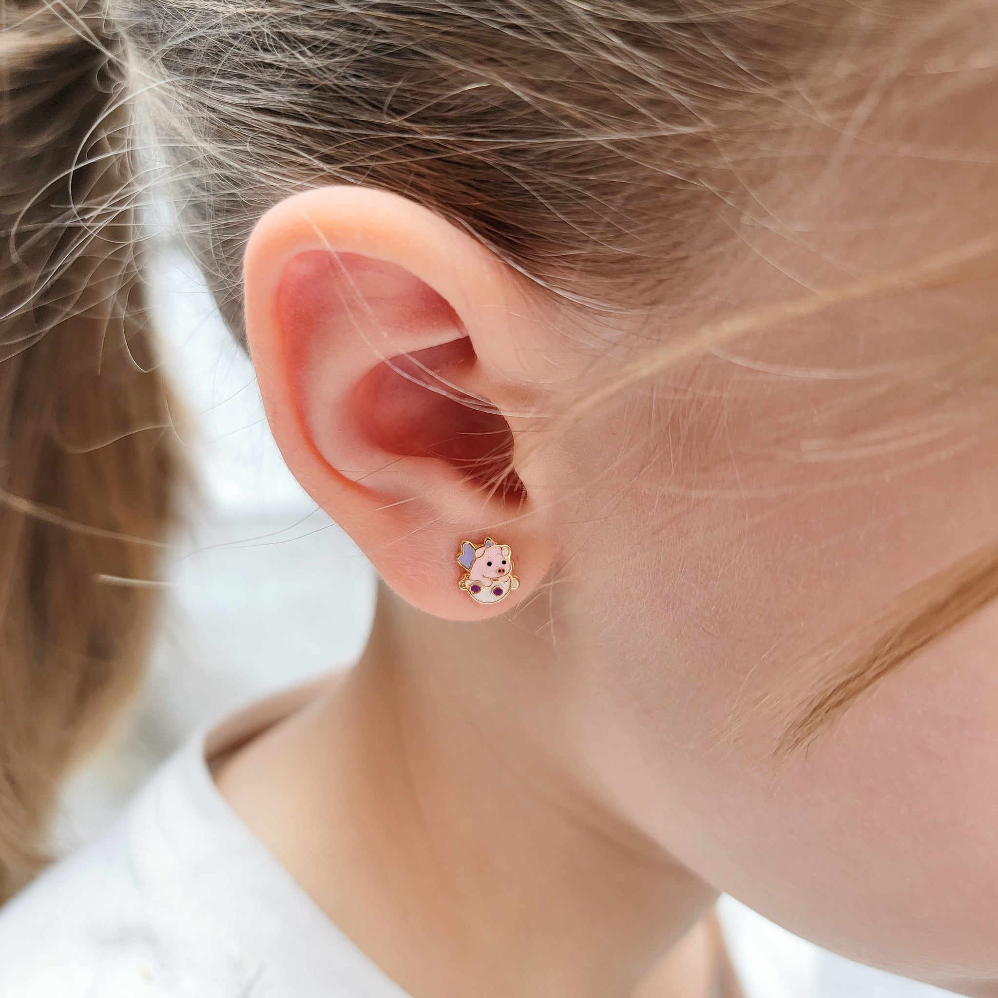 Pink Flying Pig Stud Earrings 2 ON THE MOON