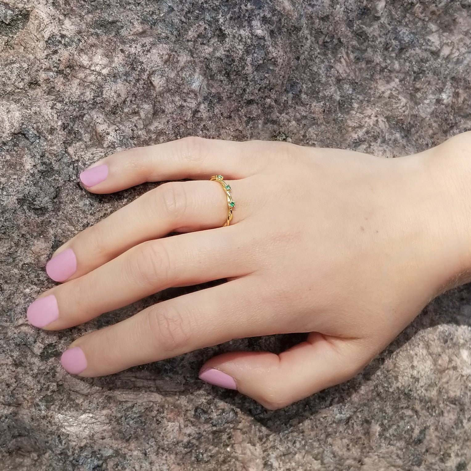 Three Green Stones Woven Ring