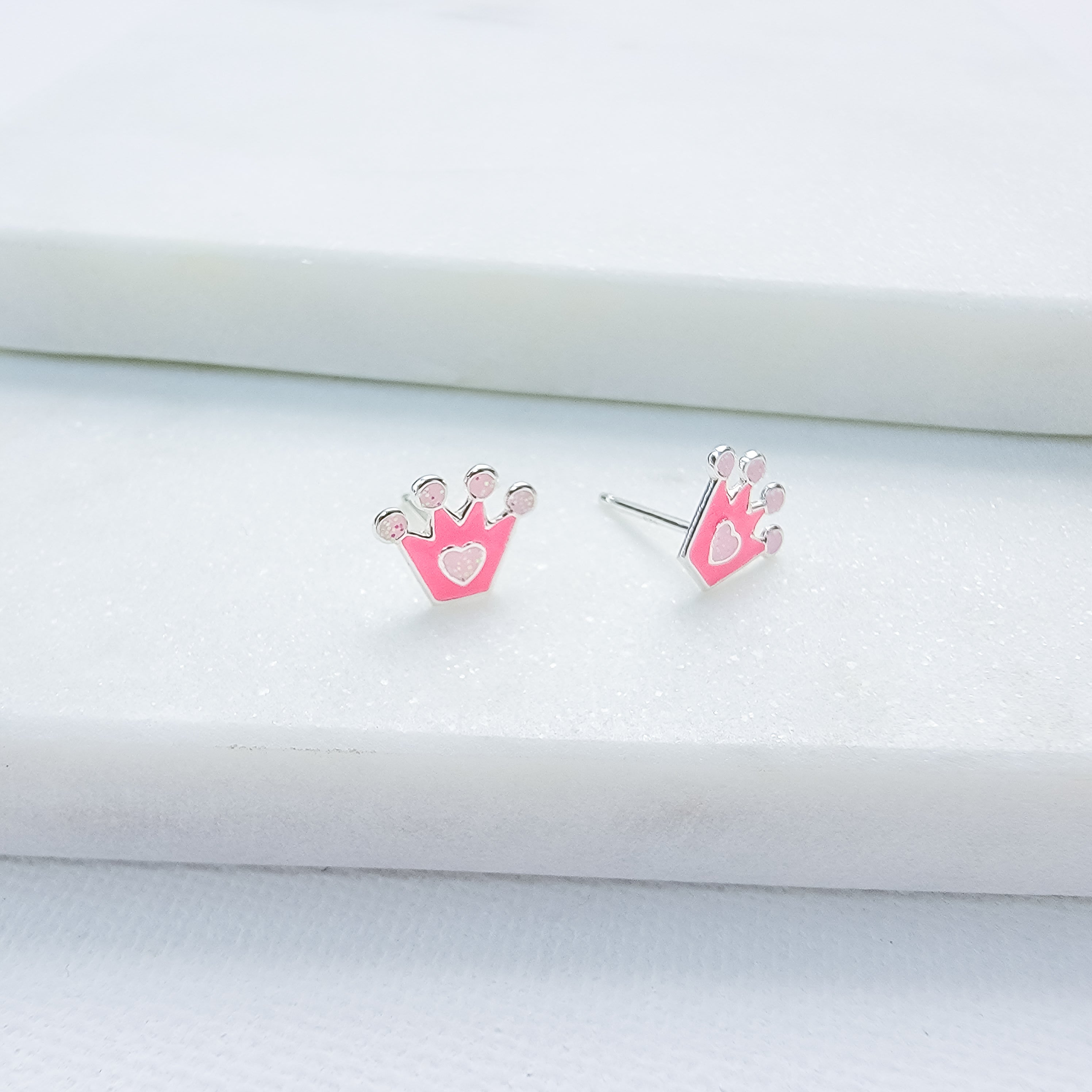 Pink Crown Stud Earrings - Hypoallergenic