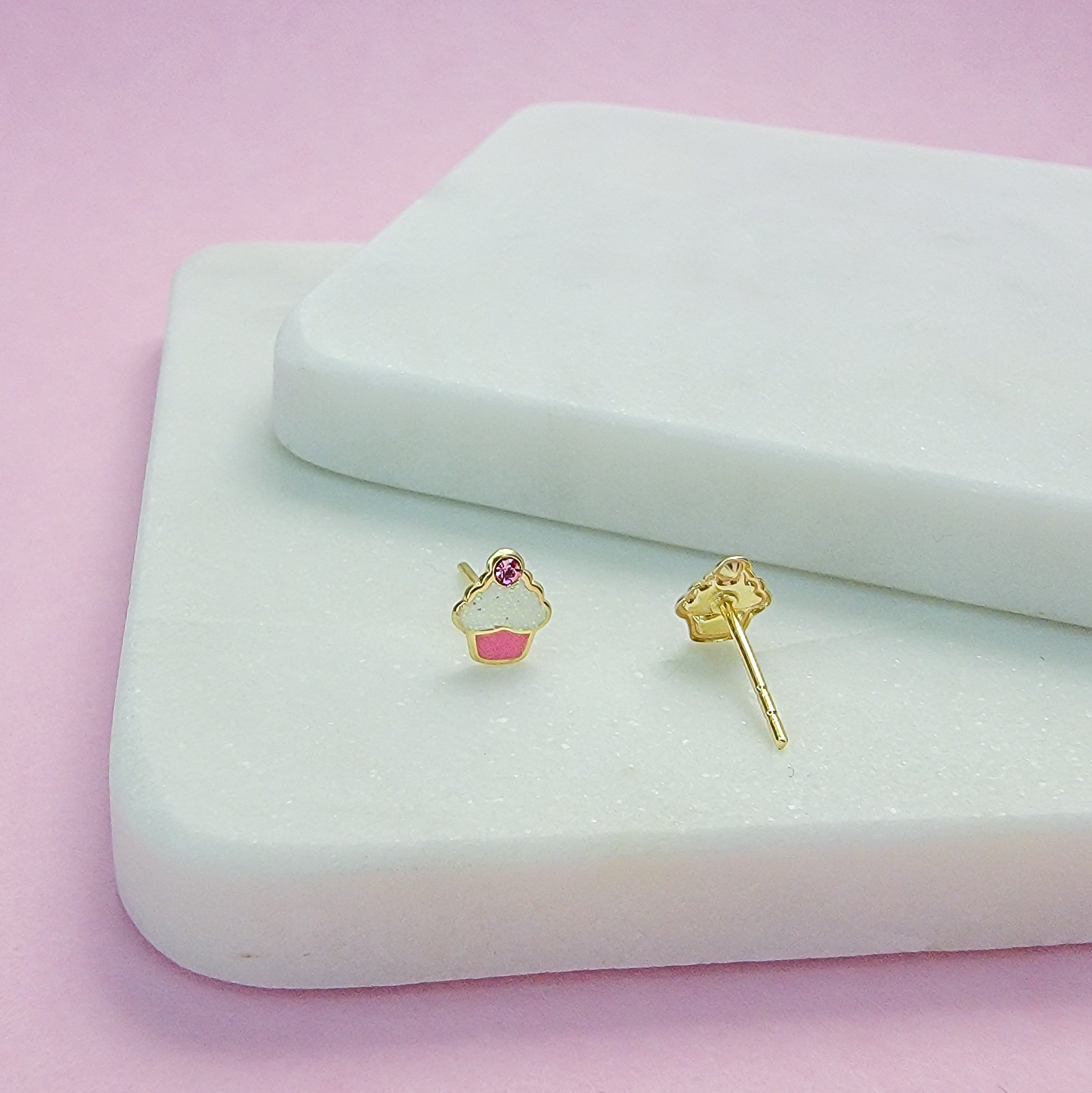 Fun Pink Cupcake Crystal Stud Earrings - Hypoallergenic