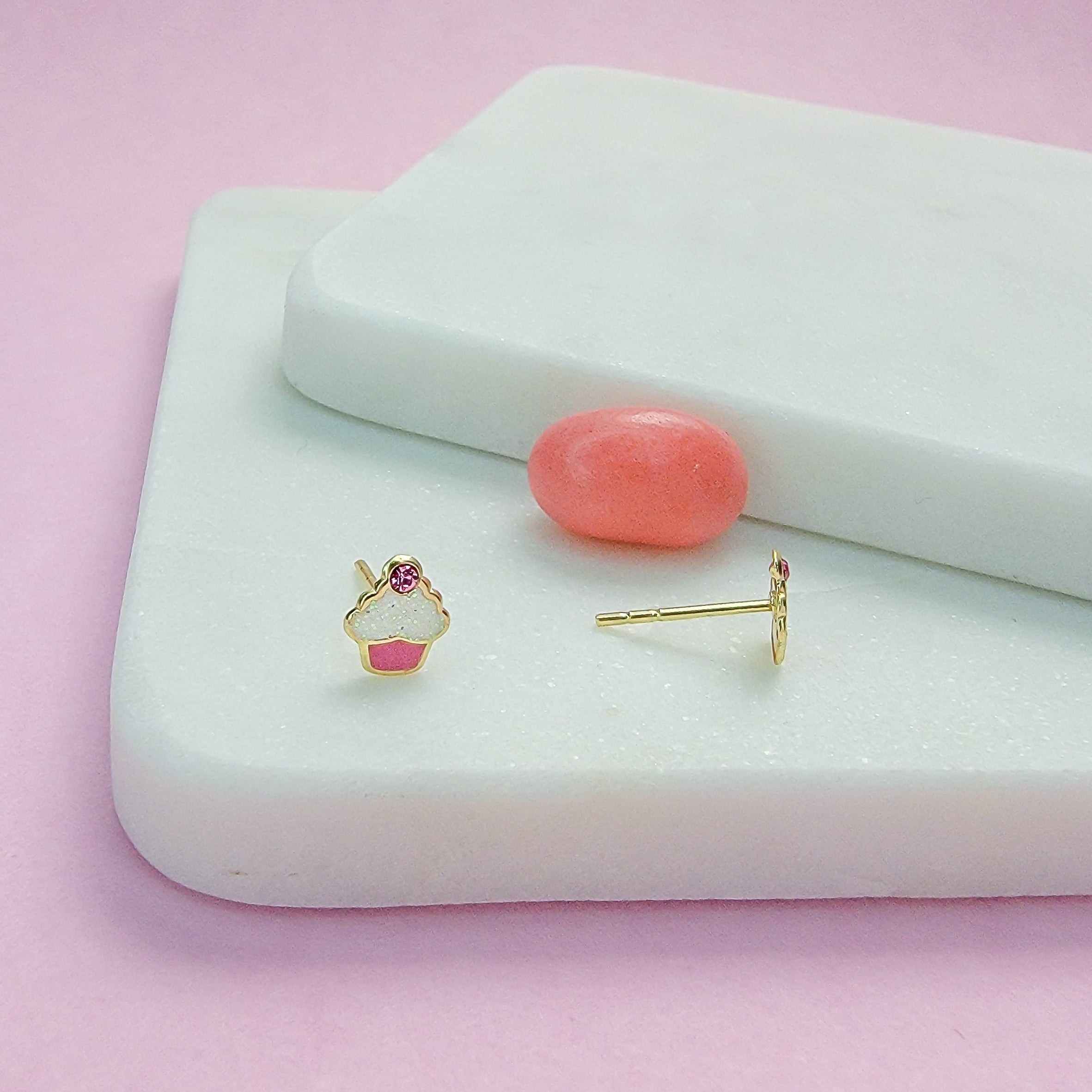 Fun Pink Cupcake Crystal Stud Earrings - Hypoallergenic