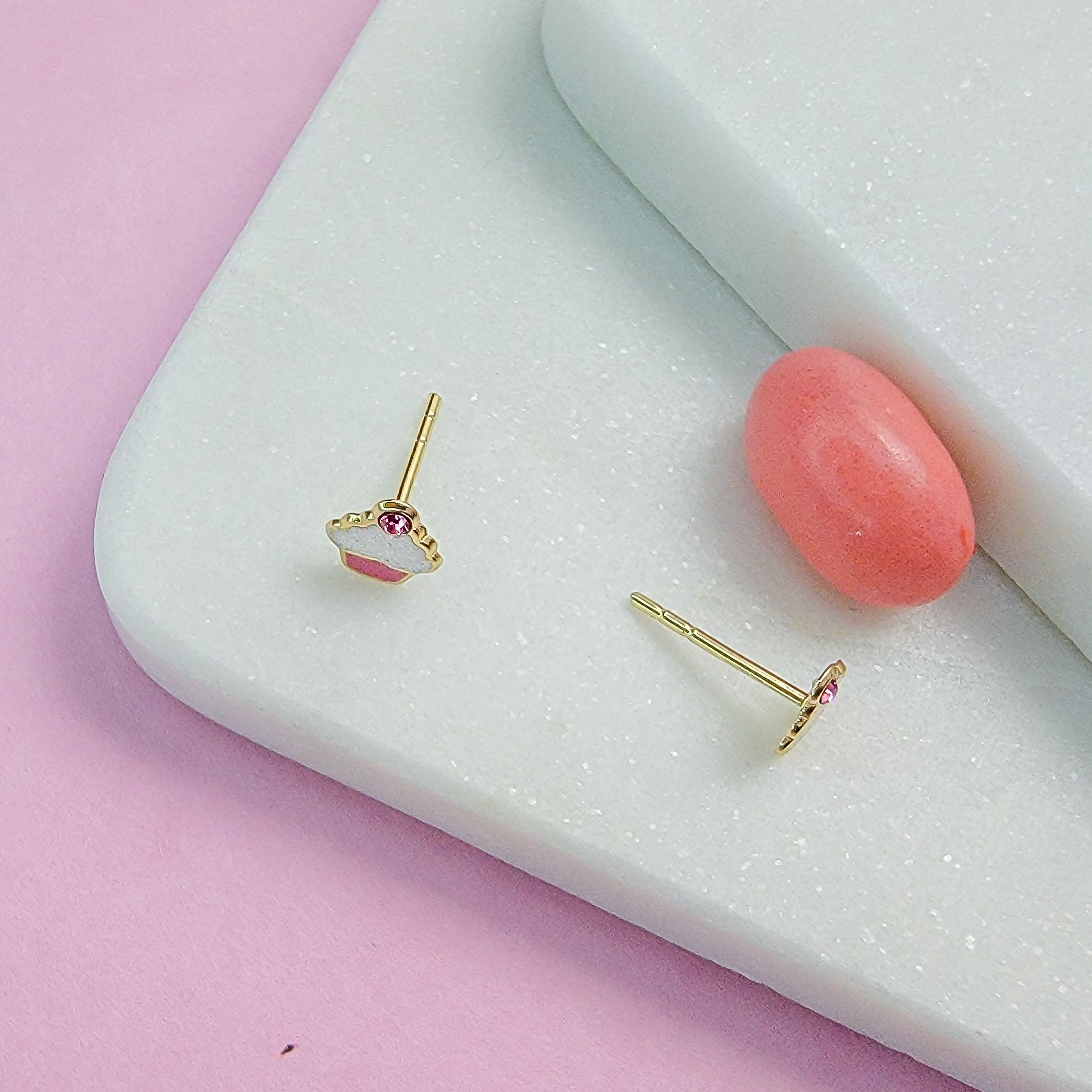 Fun Pink Cupcake Crystal Stud Earrings - Hypoallergenic
