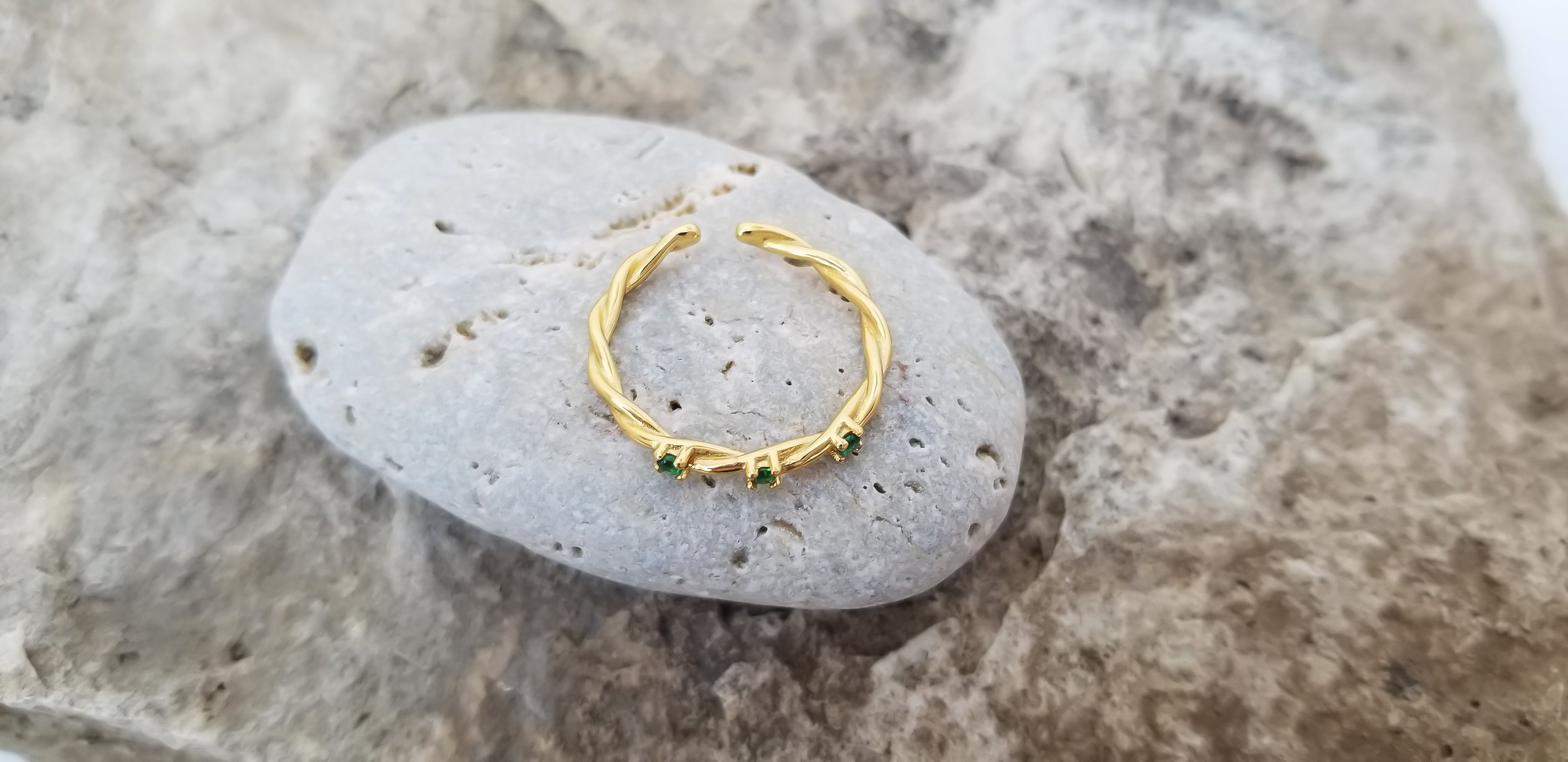 Three Green Stones Woven Ring